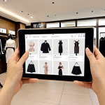 **

A modern fashion boutique in Ho Chi Minh City. An AI chatbot interface is displayed on a tablet, assisting customers with inquiries. In the background, staff are providing personalized styling advice to VIP clients. The scene highlights the integration of AI and human interaction in enhancing customer service.

**