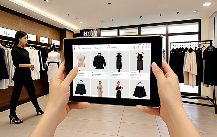 **

A modern fashion boutique in Ho Chi Minh City. An AI chatbot interface is displayed on a tablet, assisting customers with inquiries. In the background, staff are providing personalized styling advice to VIP clients. The scene highlights the integration of AI and human interaction in enhancing customer service.

**