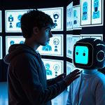 Over-Reliance on AI Counselor**

Prompt: A person looking stressed and overwhelmed, surrounded by glowing screens displaying AI chatbot interfaces, while neglecting a concerned friend who is reaching out. The scene should convey isolation and dependence on technology. Focus on the contrast between the cold, digital light of the screens and the warm, inviting presence of the friend.

**