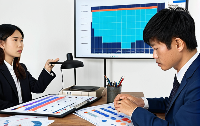 A vibrant split image contrasting traditional business consulting with AI-powered consulting for Vietnamese SMEs. On the left, a traditional consultant (middle-aged Vietnamese man in a suit) sits at a cluttered desk, surrounded by stacks of paper and outdated charts, looking overwhelmed. A Vietnamese small business owner (e.g., a young woman) on the left side of the frame appears stressed, contemplating high costs. The color palette on this side is muted and somewhat melancholic. A clear, diagonal line separates the two scenes. On the right, a modern, confident Vietnamese entrepreneur (young man or woman) interacts seamlessly with a glowing, holographic AI interface displaying dynamic charts, real-time market data, and personalized insights. The scene on the right is bright, optimistic, and features clean, futuristic digital elements, symbolizing efficiency, accessibility, and innovation.