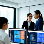 A diverse team of professional Vietnamese AI developers and data scientists, fully clothed in modest business attire, are engaged in collaborative discussion around a large, transparent digital display in a sleek, modern tech office. The screen shows complex, ethical AI design models and secure data visualizations. They exhibit perfect anatomy, correct proportions, and natural poses, conveying confidence and shared purpose in their work on responsible technology. The office is brightly lit with a clean, professional aesthetic, suggesting transparency and innovation. A subtle, blurred cityscape of a Vietnamese metropolis is visible through a large window in the background. Safe for work, appropriate content, professional, high quality, professional photography.