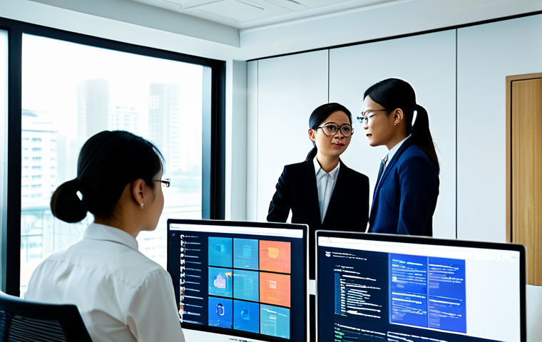 A diverse team of professional Vietnamese AI developers and data scientists, fully clothed in modest business attire, are engaged in collaborative discussion around a large, transparent digital display in a sleek, modern tech office. The screen shows complex, ethical AI design models and secure data visualizations. They exhibit perfect anatomy, correct proportions, and natural poses, conveying confidence and shared purpose in their work on responsible technology. The office is brightly lit with a clean, professional aesthetic, suggesting transparency and innovation. A subtle, blurred cityscape of a Vietnamese metropolis is visible through a large window in the background. Safe for work, appropriate content, professional, high quality, professional photography.