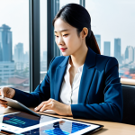 A confident, professional Vietnamese businesswoman in a modest business suit, seated at a sleek, minimalist desk in a bright, modern office with large windows overlooking a city skyline. She is interacting with a holographic AI interface projecting from a tablet, displaying data visualizations. The overall atmosphere is one of calm expertise and innovation. Perfect anatomy, correct proportions, natural pose, well-formed hands, proper finger count, natural body proportions. Fully clothed, appropriate attire, professional dress, safe for work, appropriate content, family-friendly. High-quality professional photography, ultra-realistic, crisp details.