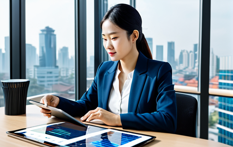 A confident, professional Vietnamese businesswoman in a modest business suit, seated at a sleek, minimalist desk in a bright, modern office with large windows overlooking a city skyline. She is interacting with a holographic AI interface projecting from a tablet, displaying data visualizations. The overall atmosphere is one of calm expertise and innovation. Perfect anatomy, correct proportions, natural pose, well-formed hands, proper finger count, natural body proportions. Fully clothed, appropriate attire, professional dress, safe for work, appropriate content, family-friendly. High-quality professional photography, ultra-realistic, crisp details.
