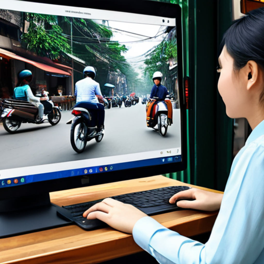 ** A young professional woman, fully clothed in a modest business casual outfit, sitting at a cafe table with a laptop. She's engaged in a video call with an AI consultant interface displayed on her screen. The background shows a vibrant Hanoi street scene with motorbikes and pedestrians. The image should convey a sense of convenience and accessibility. Safe for work, appropriate content, professional, fully clothed, perfect anatomy, natural proportions, digital illustration, high quality. **