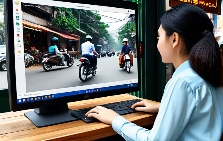 ** A young professional woman, fully clothed in a modest business casual outfit, sitting at a cafe table with a laptop. She's engaged in a video call with an AI consultant interface displayed on her screen. The background shows a vibrant Hanoi street scene with motorbikes and pedestrians. The image should convey a sense of convenience and accessibility. Safe for work, appropriate content, professional, fully clothed, perfect anatomy, natural proportions, digital illustration, high quality. **