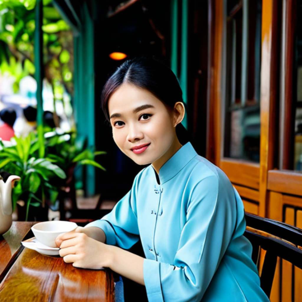 **Prompt:** A young Vietnamese woman, fully clothed in a modest Ao Dai, sitting at a traditional wooden table in a bustling Hanoi cafe, enjoying a ca phe sua da. Soft, natural lighting, family-friendly atmosphere, safe for work, perfect anatomy, appropriate content, professional photography, high quality.