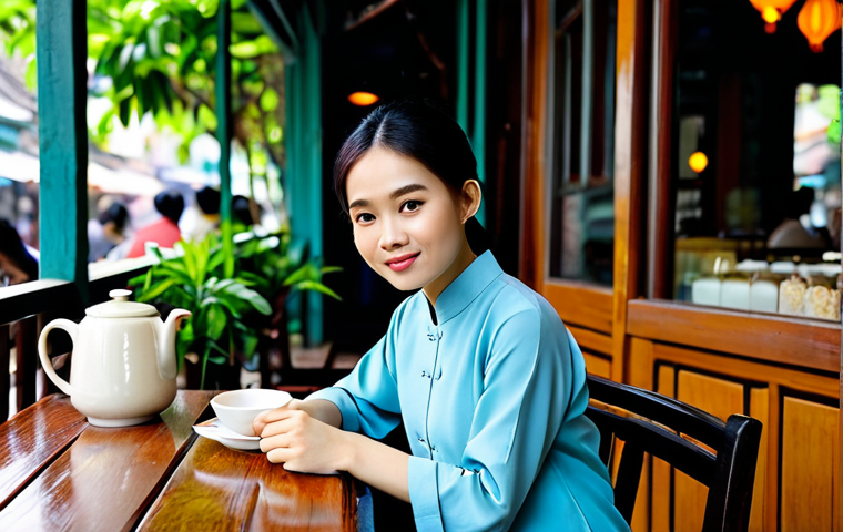 **Prompt:** A young Vietnamese woman, fully clothed in a modest Ao Dai, sitting at a traditional wooden table in a bustling Hanoi cafe, enjoying a ca phe sua da. Soft, natural lighting, family-friendly atmosphere, safe for work, perfect anatomy, appropriate content, professional photography, high quality.