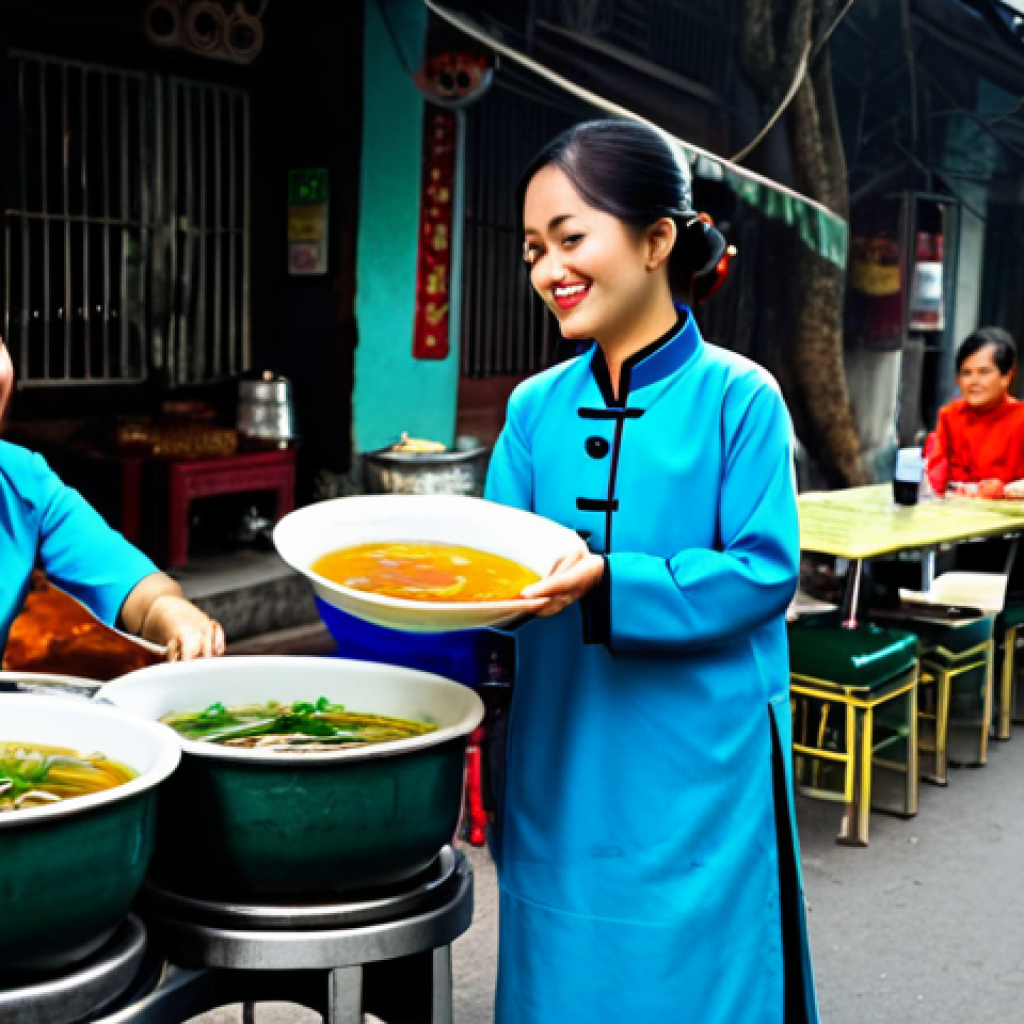 AI 상담사 서비스의 사용자 경험 - **Subject:** A bustling street food vendor in Hanoi. * **Clothing:** Traditional Ao Dai, modes...