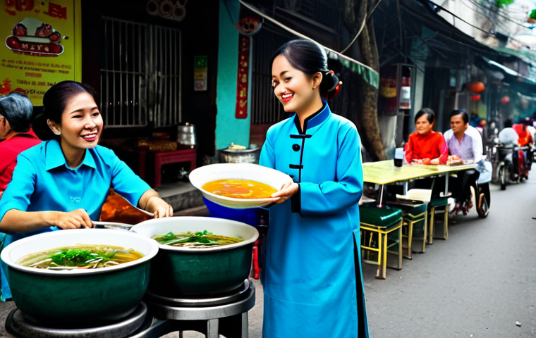 AI 상담사 서비스의 사용자 경험 - **Subject:** A bustling street food vendor in Hanoi. * **Clothing:** Traditional Ao Dai, modes...