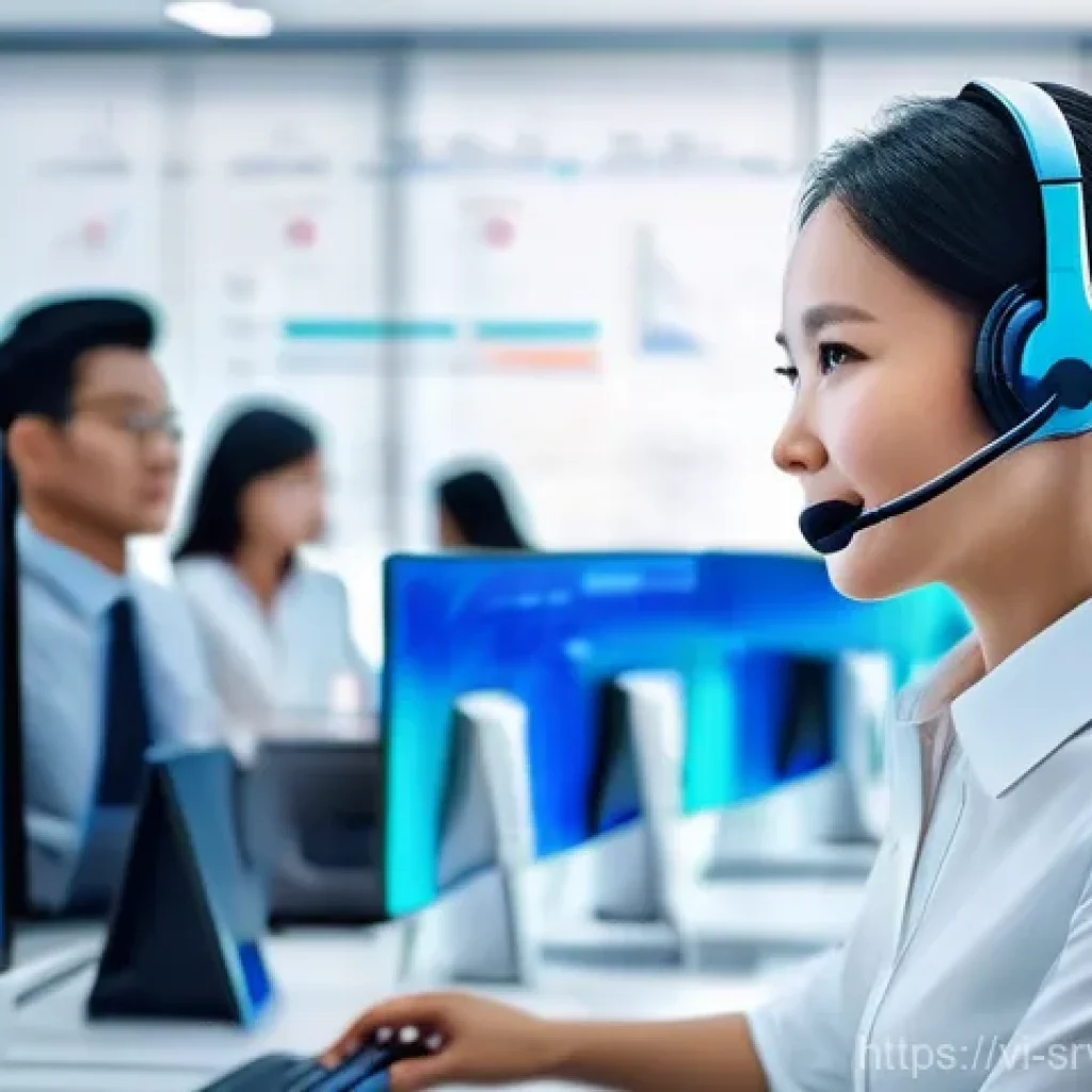 AI 상담사 서비스와 고객 충성도 - **Prompt:** A vibrant, futuristic customer service hub in a bustling Vietnamese city. A diverse grou...