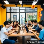 Home 22 AI 상담사 서비스의 커뮤니티 빌딩 - A vibrant Vietnamese tech community gathering in a modern coworking space, diverse young adults enth...