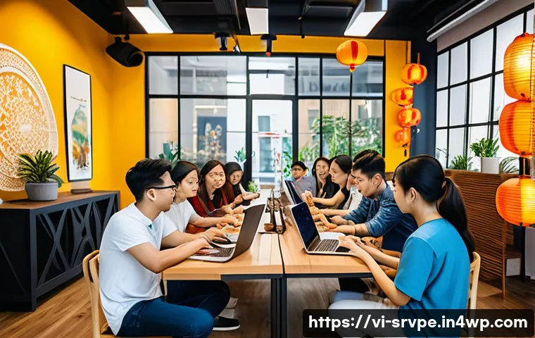 AI 상담사 서비스의 커뮤니티 빌딩 - A vibrant Vietnamese tech community gathering in a modern coworking space, diverse young adults enth...