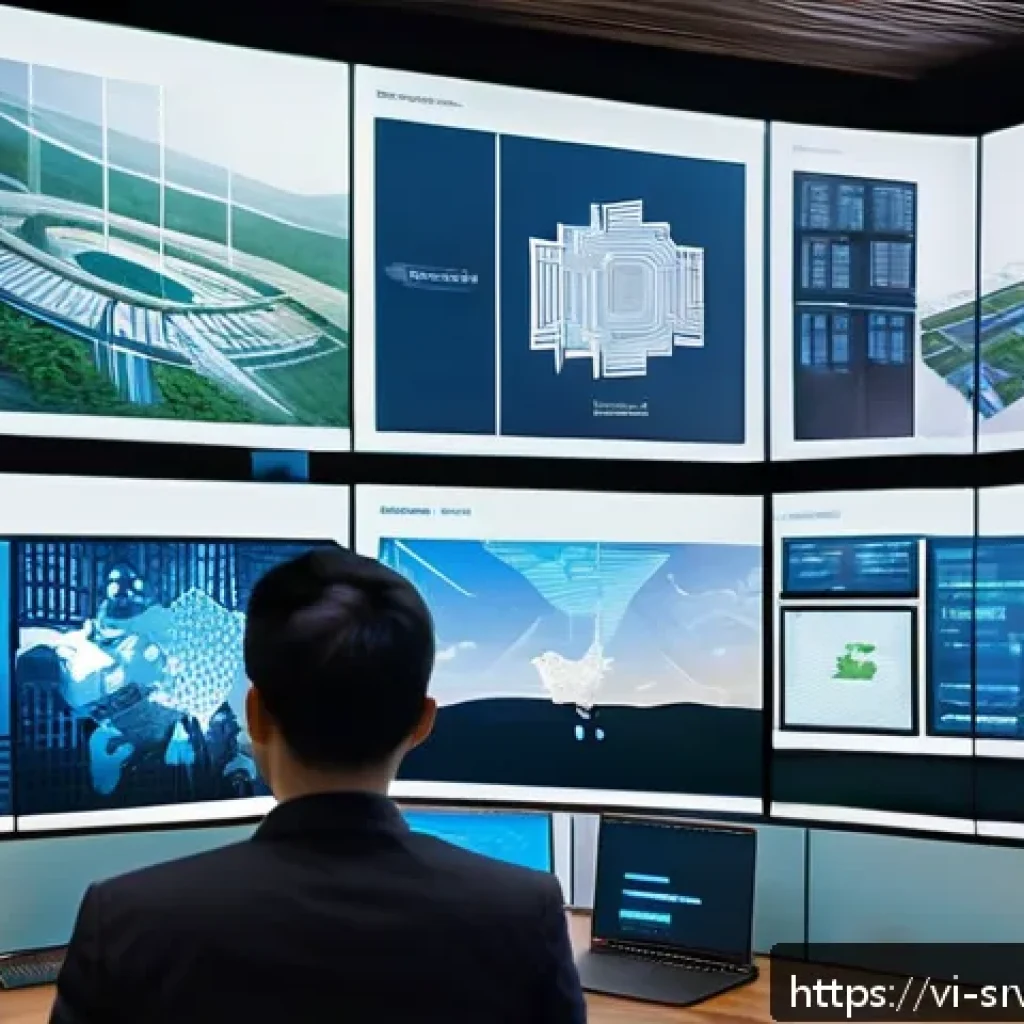 AI 상담사 서비스의 정보 보호 수단 - A modern Vietnamese office environment with diverse professionals discussing AI security on large di...