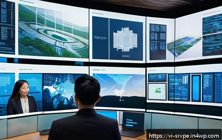 AI 상담사 서비스의 정보 보호 수단 - A modern Vietnamese office environment with diverse professionals discussing AI security on large di...