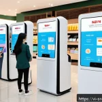 Home 19 AI 상담사 서비스의 비즈니스 혁신 전략 - A modern Vietnamese retail store scene showing a diverse group of customers interacting with AI-powe...