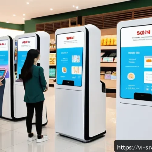 Home 31 AI 상담사 서비스의 비즈니스 혁신 전략 - A modern Vietnamese retail store scene showing a diverse group of customers interacting with AI-powe...