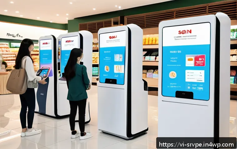 AI 상담사 서비스의 비즈니스 혁신 전략 - A modern Vietnamese retail store scene showing a diverse group of customers interacting with AI-powe...