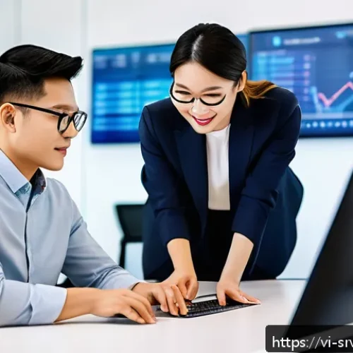 Home 17 AI 상담사 서비스의 시장 진입 전략 - A modern Vietnamese business office environment with diverse professionals collaborating on AI digit...